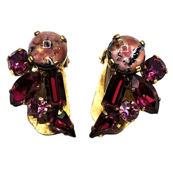 Austria Jewelry - Vintage Austria Rhinestone Earrings Art Glass Dragons Breath Pink Red Clip On Si